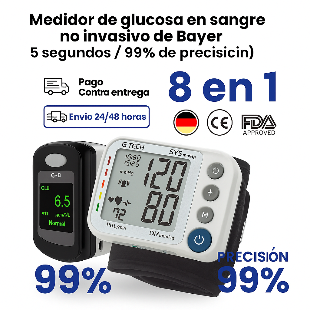 Medidor de Glucosa en Sangre Multifunción 8 en 1, pulso, glucosa y presión +🎁Regalo Medidor de Presión Arterial + Relogio Smartwach